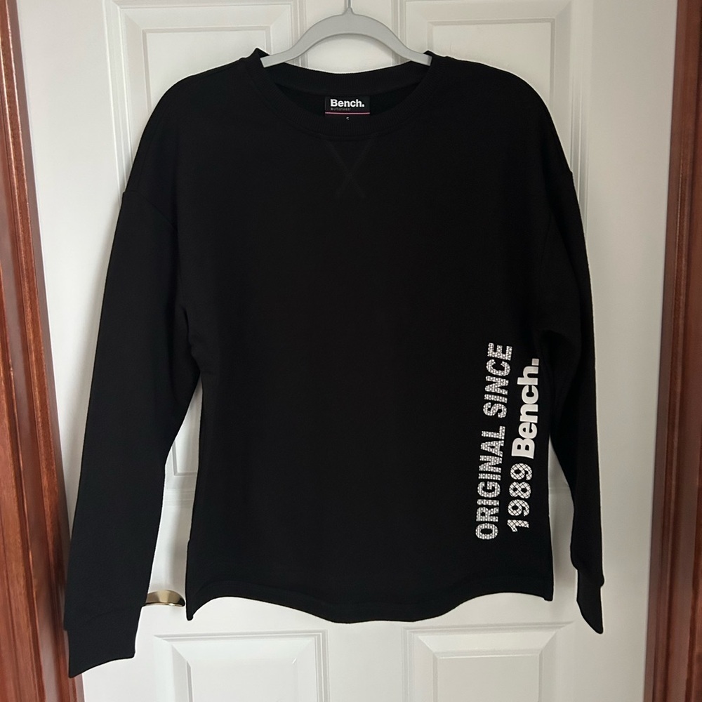 Bench Womenโs Black Sweatshirt with White Text NWT